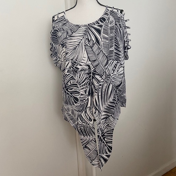 Parallel Skies Palm Tree Leaf Print Tie Front Cold Shoulder Blouse Size Large - Picture 1 of 4
